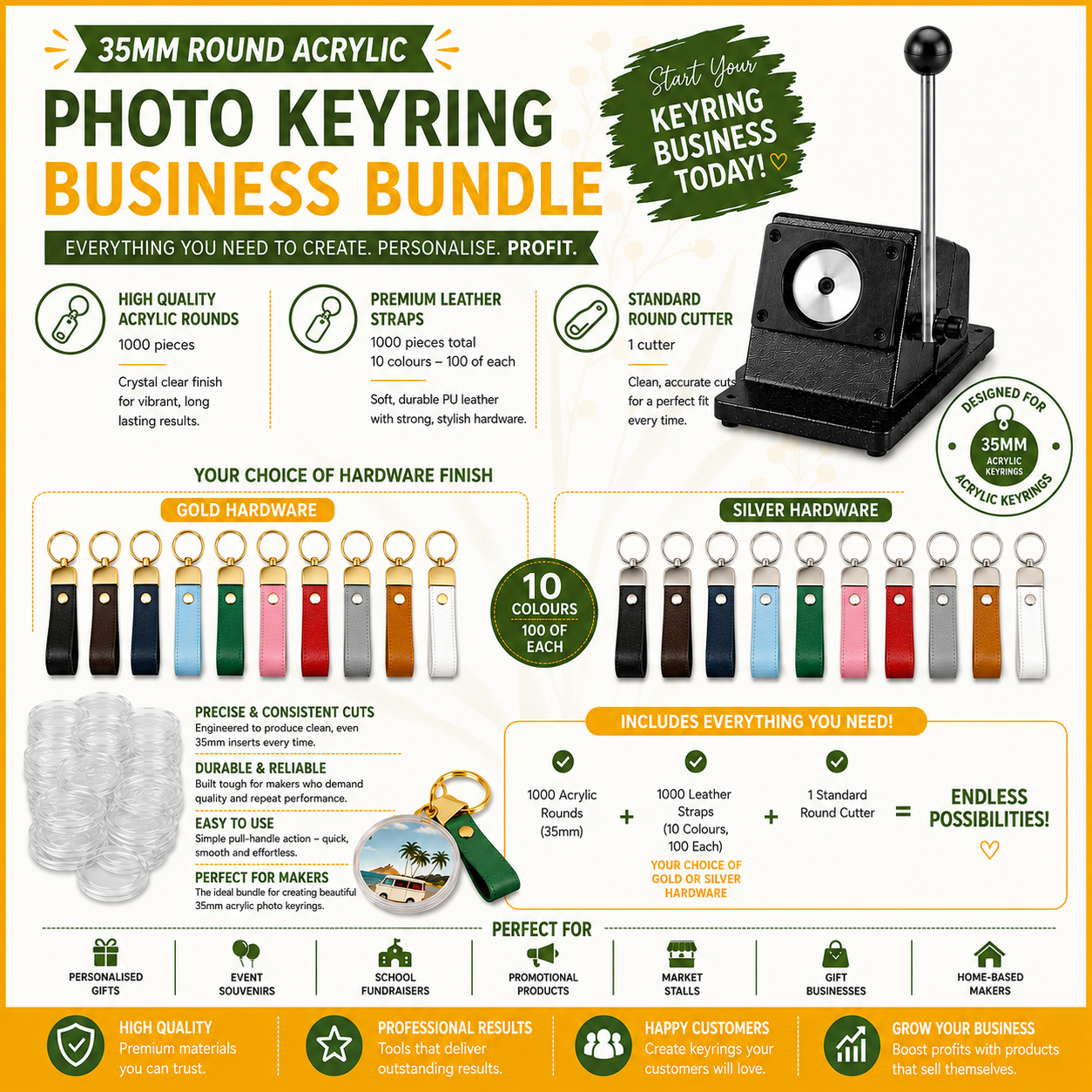 35mm ROUND Acrylic Photo Keyring BUNDLE - Leather Straps
