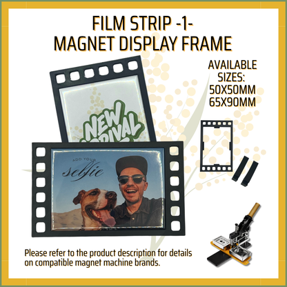 Film strip magnet display frame with a man and dog photo, available in two sizes.